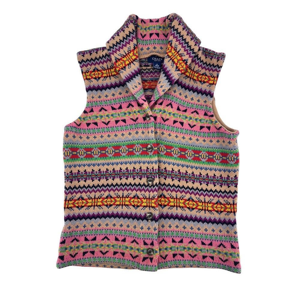 Chaps Fair Isle‎ Knit Sweater Vest Shawl Collar Folk Womens Small